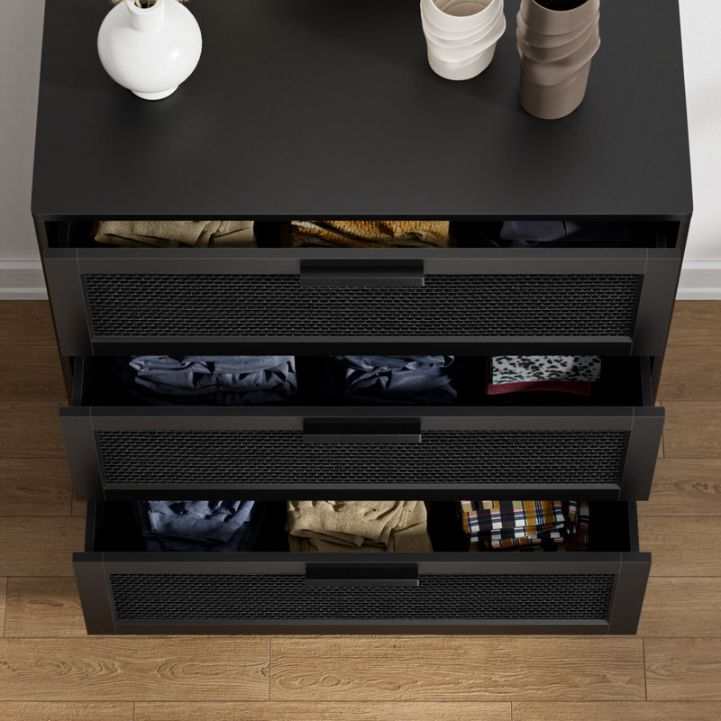 Ebern Designs Paison 35" H Black Rattan Dresser, Farmhouse 3 Drawer